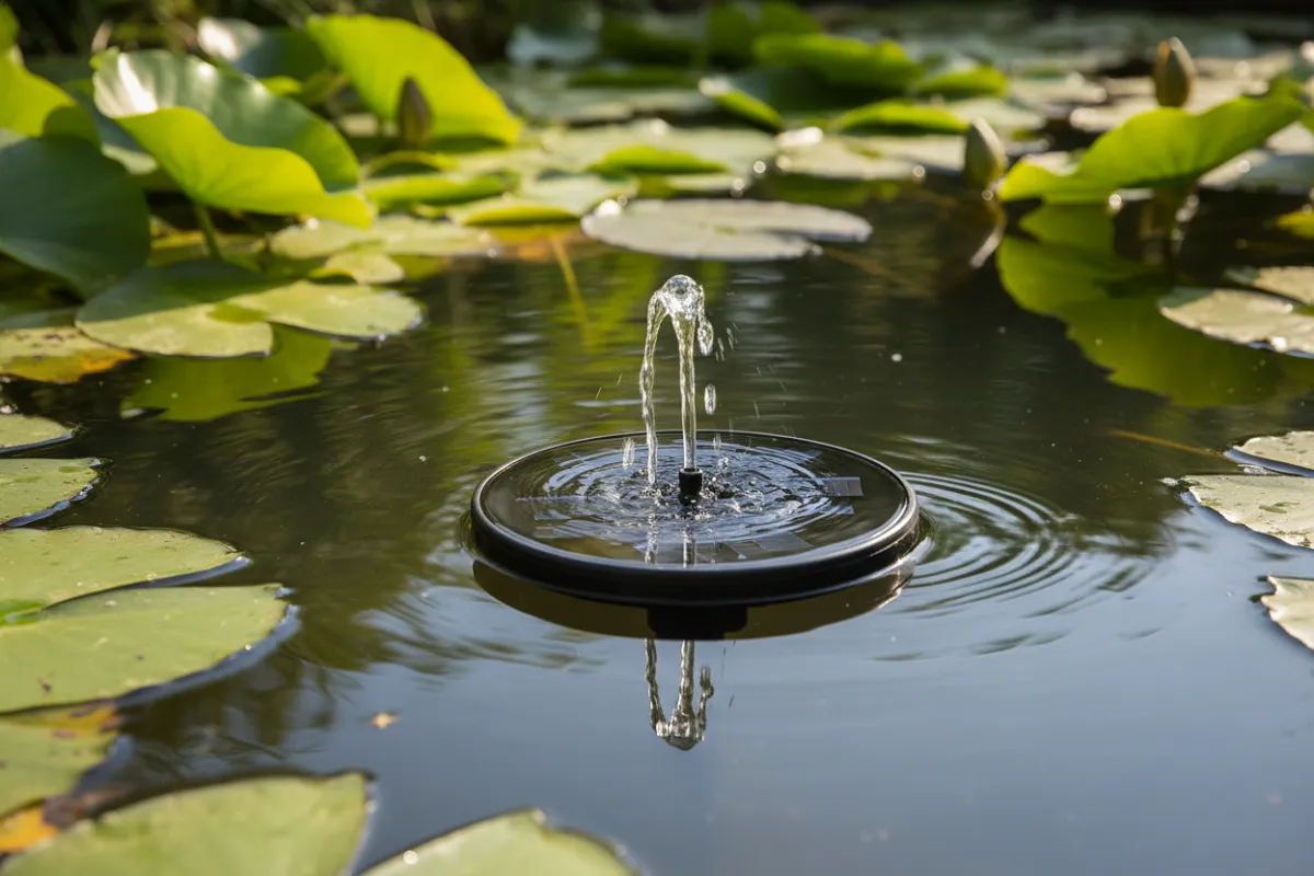 Une petite pompe solaire flottante à la surface d'un bassin de jardin, son panneau rond exposé au soleil et un jet d'eau modeste jaillissant au centre.