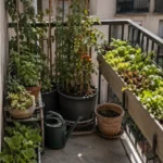 Balcon d'appartement cultivé, salades en jardinière de balustrade et tomates cerises tuteurées en bacs profonds