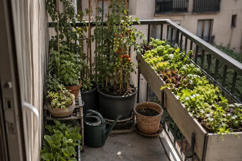 Balcon d'appartement cultivé, salades en jardinière de balustrade et tomates cerises tuteurées en bacs profonds