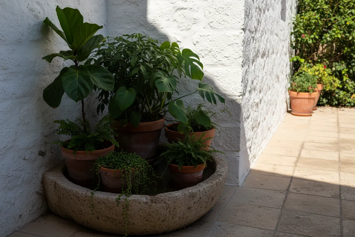 Plusieurs pots regroupés serrés dans un coin ombragé de terrasse, posés dans une bassine peu profonde, le dallage ensoleillé visible au-delà.