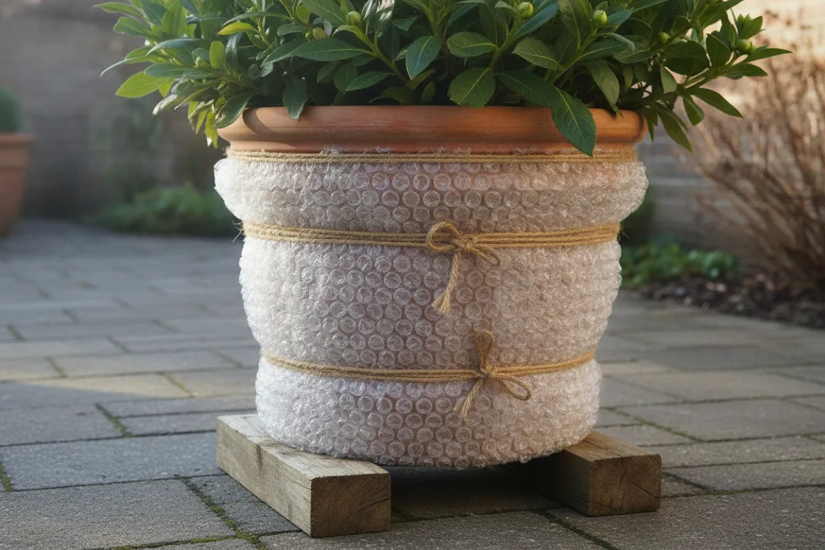 Une plante en pot protégée pour l'hiver, le contenant surélevé et entouré d'une matière isolante, sans soucoupe en dessous.