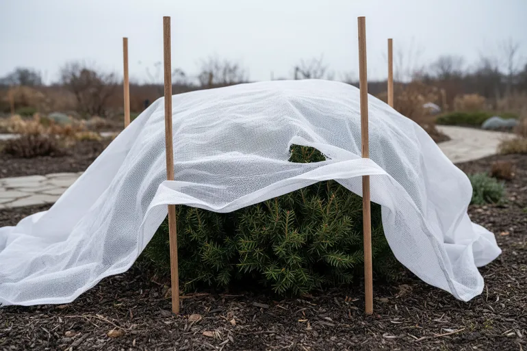 Un arbuste persistant enveloppé sans serrer dans un voile blanc non tissé tendu sur trois tuteurs, formant une petite tente avec un espace d'air visible entre le tissu et le feuillage.