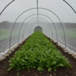 Un rang de légumes couvert d'un filet à mailles fines tendu sur des arceaux, nettement surélevé au-dessus du feuillage vert, les bords maintenus au sol par des pierres.