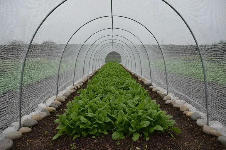 Un rang de légumes couvert d'un filet à mailles fines tendu sur des arceaux, nettement surélevé au-dessus du feuillage vert, les bords maintenus au sol par des pierres.