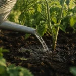 Quand arroser : le vrai critère n'est pas l'heure mais le feuillage 1 Arrosoir versant l'eau au pied d'un plant de tomate, feuillage resté sec, lumière du matin