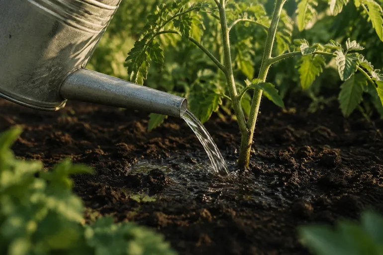 Arrosoir versant l'eau au pied d'un plant de tomate, feuillage resté sec, lumière du matin