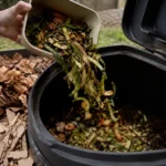 Que mettre dans le compost : deux questions suffisent à tout trancher 2 Épluchures versées d'un bioseau dans un composteur, feuilles mortes et carton prêts à côté