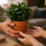 Quelle plante offrir, et laquelle survivra chez elle ? 3 Deux mains tendent une petite plante d'intérieur en pot de terre cuite vers deux autres mains qui s'avancent pour la recevoir.