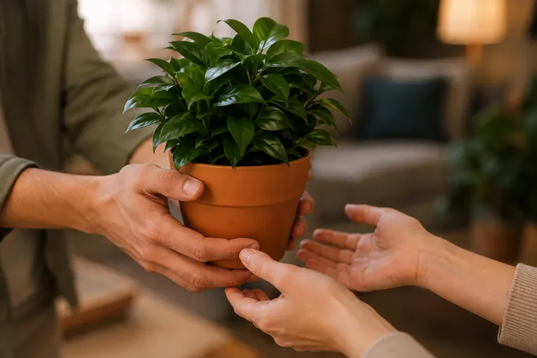 Deux mains tendent une petite plante d'intérieur en pot de terre cuite vers deux autres mains qui s'avancent pour la recevoir.