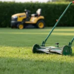 Comment choisir sa tondeuse selon son terrain ? 8 Une pelouse vue depuis son bord, avec une petite tondeuse manuelle posée au premier plan dans l'herbe et, loin derrière, la silhouette floue d'un engin autoporté garé près d'une haie.