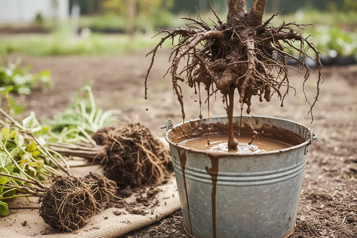 Planter en novembre au potager : des racines nues sortent d'un seau de boue épaisse, uniformément enrobées de terre humide, d'autres plants attendant au sol.