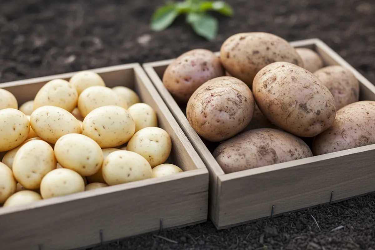 Deux cageots en bois côte à côte sur la terre, l'un contenant de petites pommes de terre nouvelles à peau claire, l'autre de plus gros tubercules à peau mate et ferme.