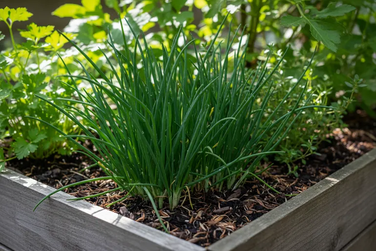 Ciboulette dans un potager prête à être récoltée