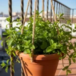 Récolter la menthe : la couper est ce qui l'empêche d'envahir 6 Un pot de menthe accroché sur un balcon