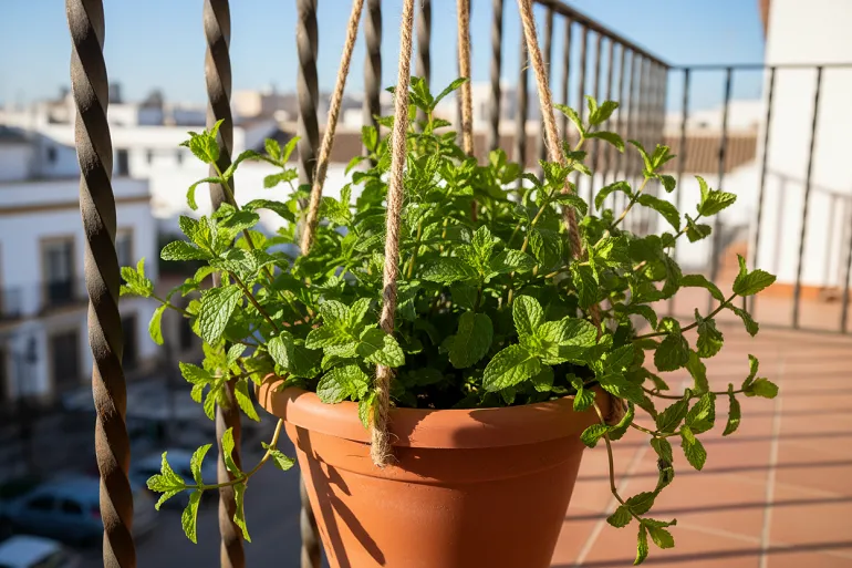 Un pot de menthe accroché sur un balcon