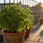 un pot de basilic sur le balcon d'un appartement