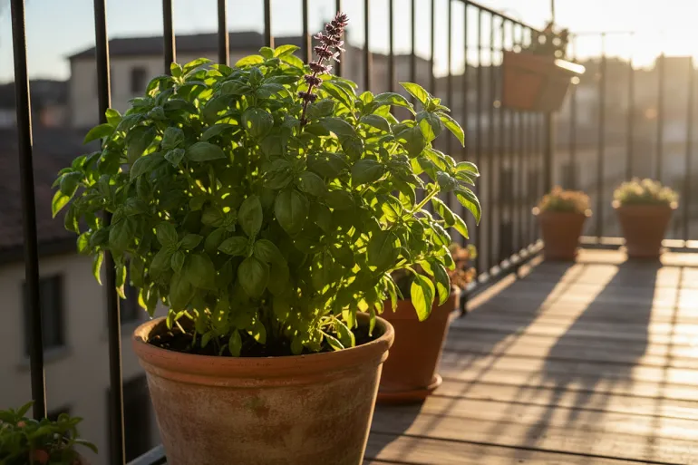 un pot de basilic sur le balcon d'un appartement