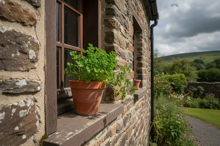 Du persil en pot sur le rebord d'une maison en pierre