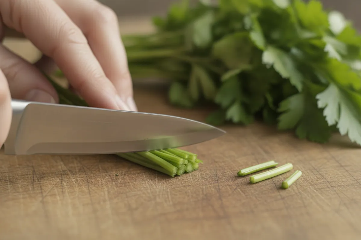 Une main recoupe en biais au couteau le bas des tiges d'une botte de persil sur une planche en bois, avec quelques bouts de tiges déjà retirés à côté.