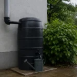 Cuve de récupération d'eau de pluie raccordée à une descente de gouttière, posée de plain-pied sur une assise de niveau