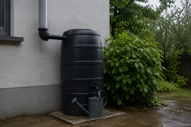 Cuve de récupération d'eau de pluie raccordée à une descente de gouttière, posée de plain-pied sur une assise de niveau