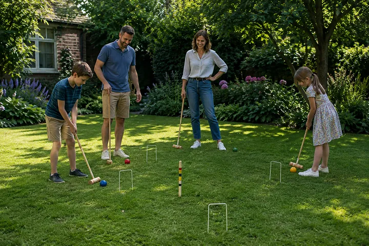 une famille joue au croquet dans son jardin