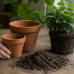 Rempoter une plante : les billes d'argile au fond sont une erreur 1 Motte sortie du pot formant un chignon de racines compactes, presque sans terreau visible