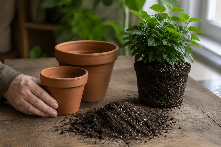Motte sortie du pot formant un chignon de racines compactes, presque sans terreau visible