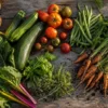 Récolte variée de légumes d'été posée sur une table de jardin, courgettes, tomates, haricots, carottes et blettes