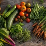 Récolte variée de légumes d'été posée sur une table de jardin, courgettes, tomates, haricots, carottes et blettes