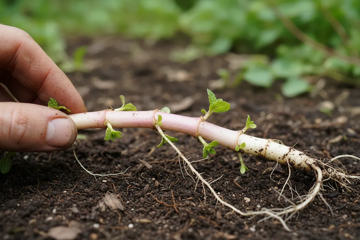 Un rhizome de menthe blanc rosé sorti de terre et posé horizontalement sur le sol, avec plusieurs jeunes pousses vertes le long de sa longueur et des racines fines en dessous.