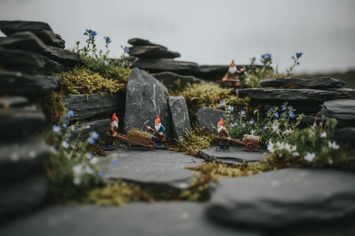 Plusieurs petites figurines au bonnet pointu disposées en scène de chantier miniature au milieu des pierres plates d'une rocaille, avec une brouette et un outil minuscules.