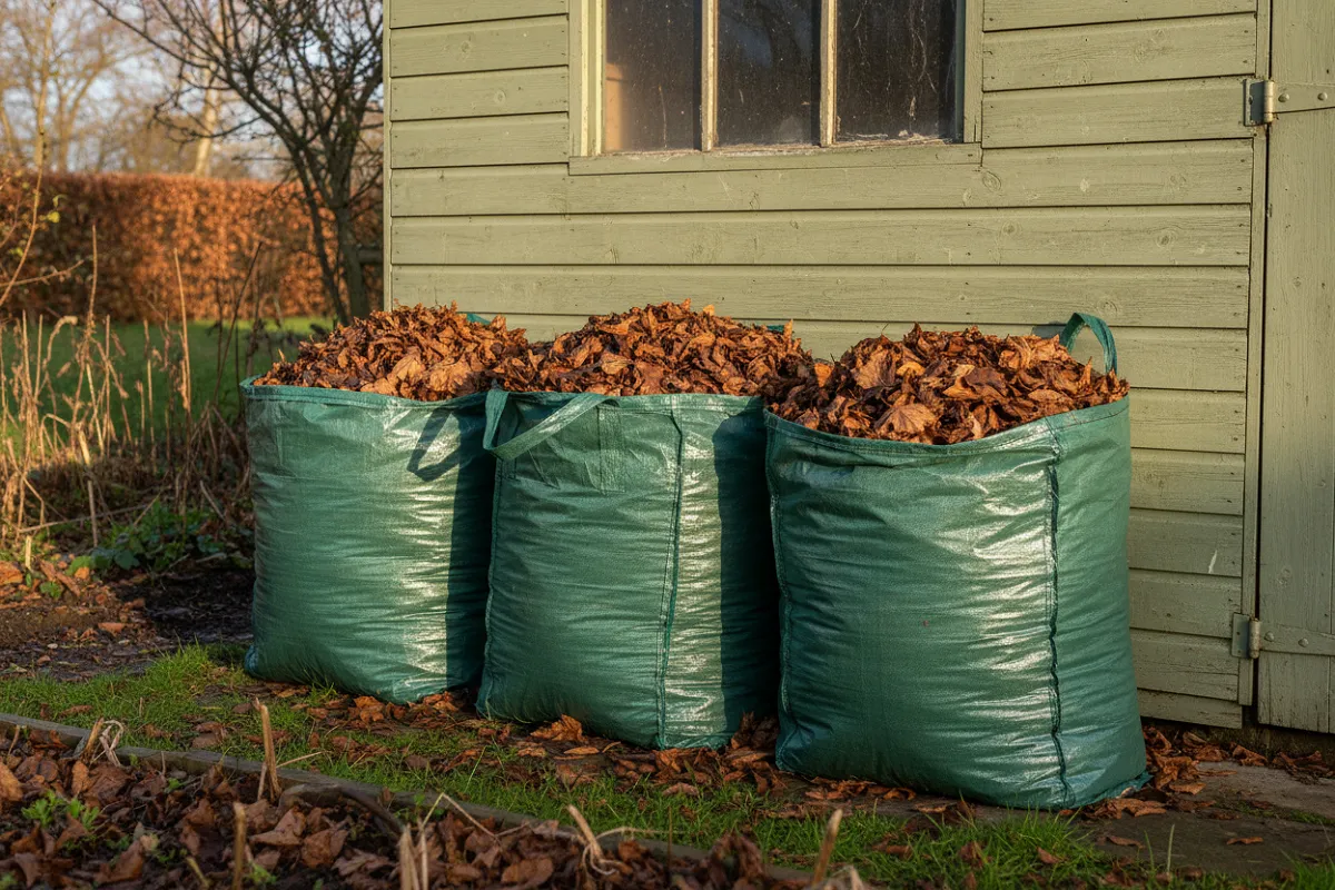 Des sacs de jardinage remplis de feuilles mortes sèches, posés dans un jardin en automne.