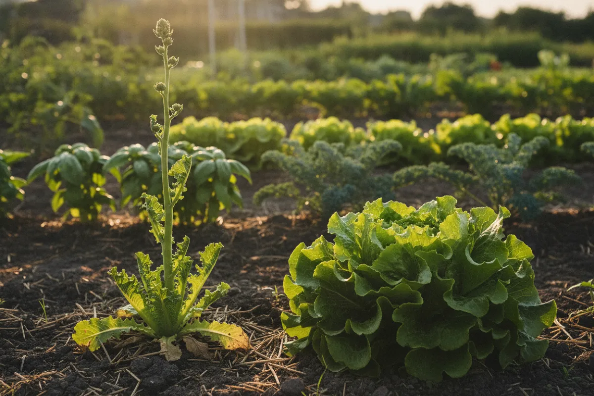 Une salade montée en graine, sa tige centrale élancée bien au-dessus des feuilles, à côté d'une salade encore basse et compacte.
