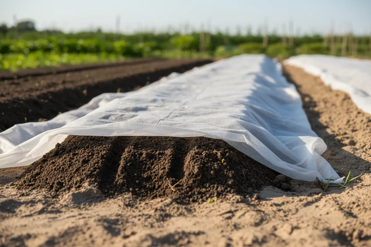 Planter en juillet au potager : un rang fraîchement semé recouvert d'un voile blanc posé à même le sol, un coin soulevé laissant voir la terre sombre et humide dessous.
