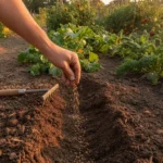 Une main sème de petites graines dans un sillon peu profond, en terre sombre et grumeleuse, un râteau posé à côté sur la planche, avec le reste du potager encore en végétation.