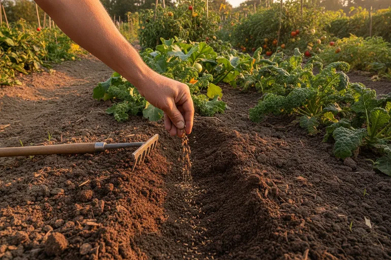 Une main sème de petites graines dans un sillon peu profond, en terre sombre et grumeleuse, un râteau posé à côté sur la planche, avec le reste du potager encore en végétation.