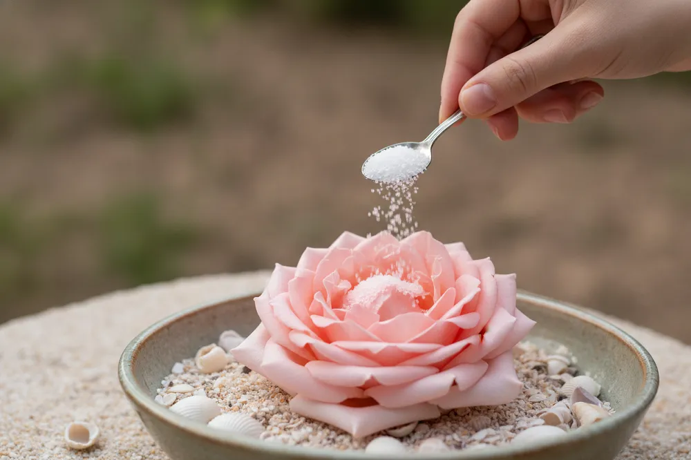 Une main incline une petite cuillère pour verser de fins cristaux blancs entre les pétales d'une rose posée face vers le haut dans une boîte, la fleur à demi recouverte.