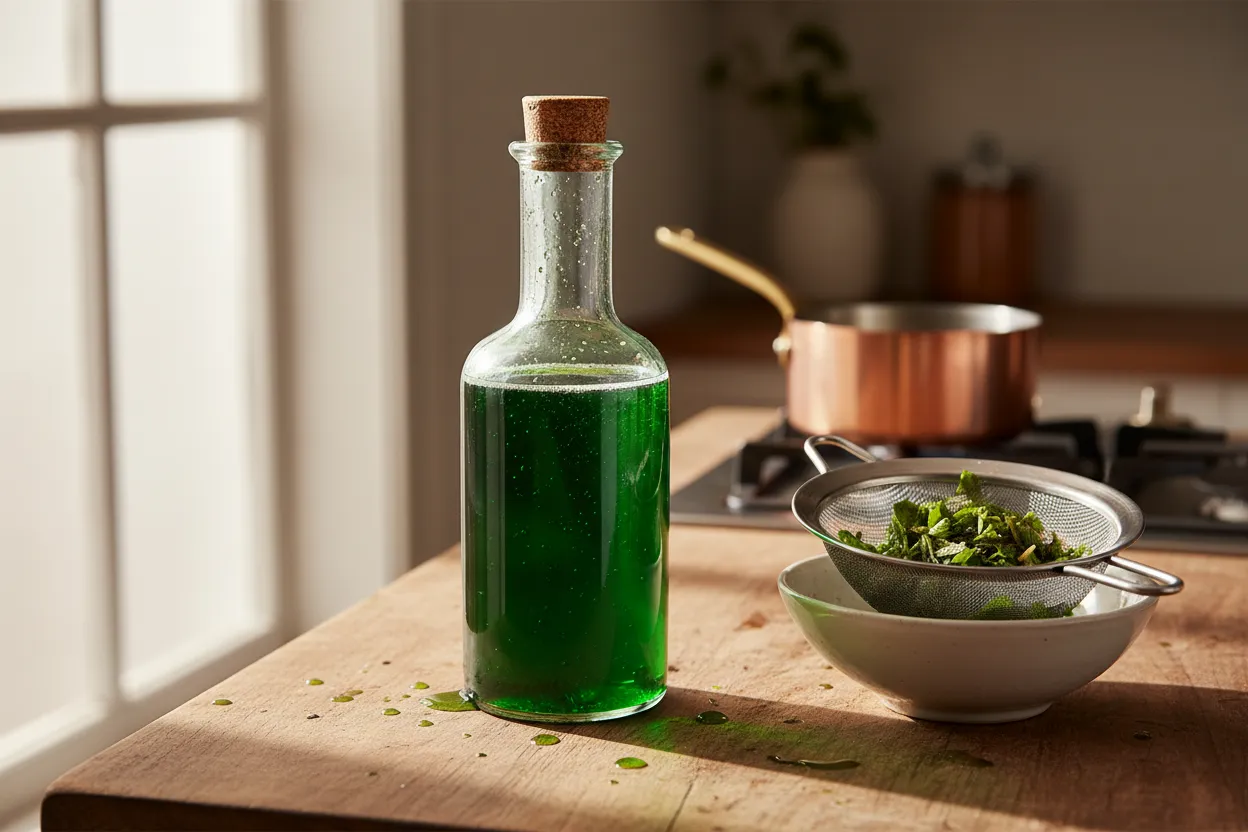 Une bouteille en verre remplie de sirop de menthe maison vert foncé, avec à côté une passoire fine contenant les feuilles infusées et une petite casserole en arrière-plan.