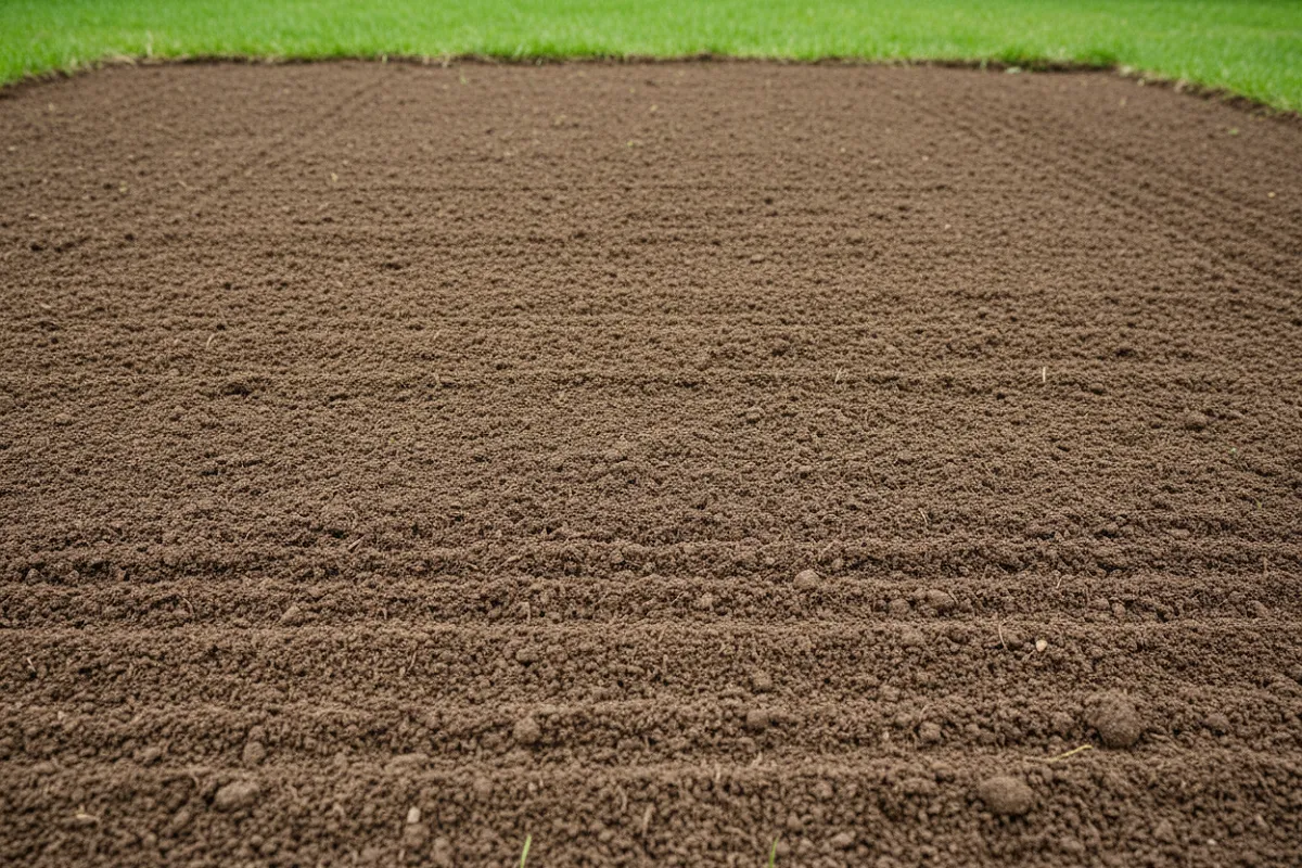 Sol de jardin finement ratissé et nivelé, prêt pour semer du gazon.
