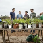 Bourse aux plantes : le guide pour bien y participer 1 Une table de tréteaux en extérieur couverte de nombreux petits plants en pots de récupération dépareillés, chacun portant une petite étiquette plantée dans la terre, plusieurs mains se tendant vers eux.
