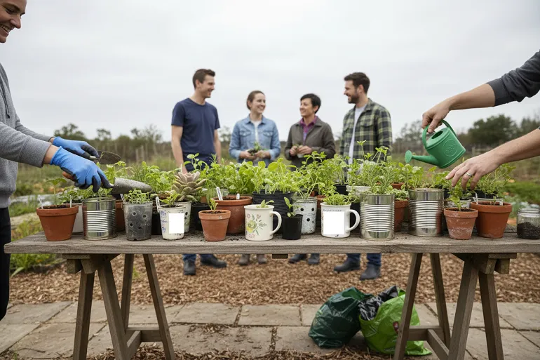 Une table de tréteaux en extérieur couverte de nombreux petits plants en pots de récupération dépareillés, chacun portant une petite étiquette plantée dans la terre, plusieurs mains se tendant vers eux.
