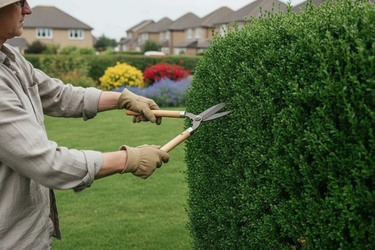 Crédit d'impôt jardinage 2026 : taille d'une haie au sécateur, à hauteur d'homme depuis le sol.
