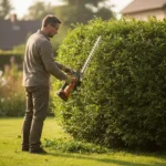 Jardinier taillant le flanc d'une haie du bas vers le haut, les deux pieds au sol