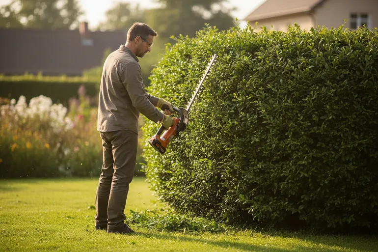 Jardinier taillant le flanc d'une haie du bas vers le haut, les deux pieds au sol