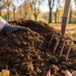 Fumier de cheval potager : une main plongée dans un tas de fumier bien décomposé, sombre et friable, sans paille reconnaissable, une fourche plantée à côté.