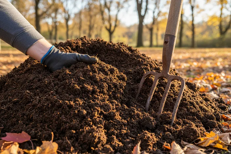 Fumier de cheval potager : une main plongée dans un tas de fumier bien décomposé, sombre et friable, sans paille reconnaissable, une fourche plantée à côté.