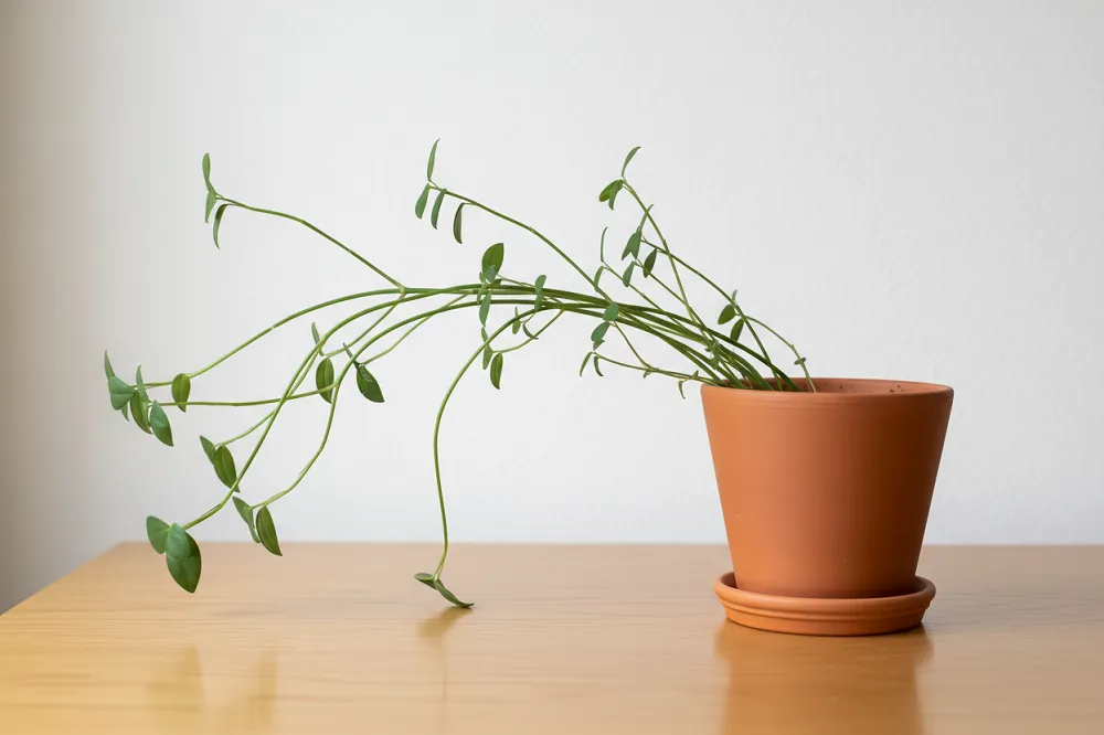 Plante d'intérieur aux tiges étirées penchées vers une fenêtre, longs espaces entre les feuilles.