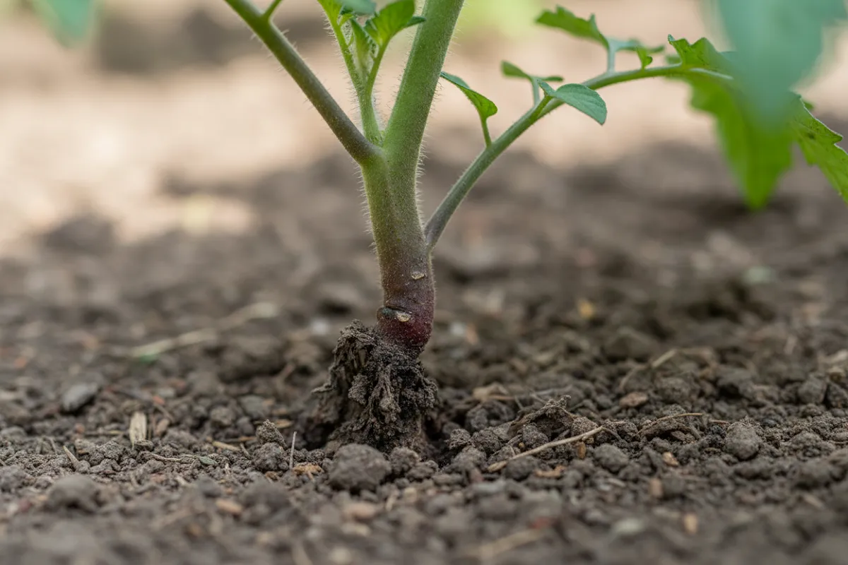 La base d'une tige de tomate au ras du sol, assombrie et rétrécie à cet endroit, alors que la tige reste verte plus haut.