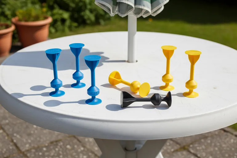 jeu de tossit, des fléchettes ventouses sur une table de jardin